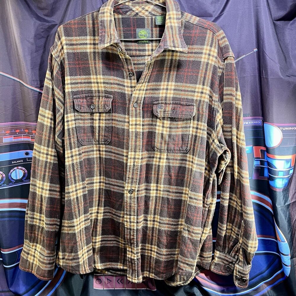 TIMBERLAND Flannel Shirt Men's XL Button Up Brown Cotton Plaid - THICK